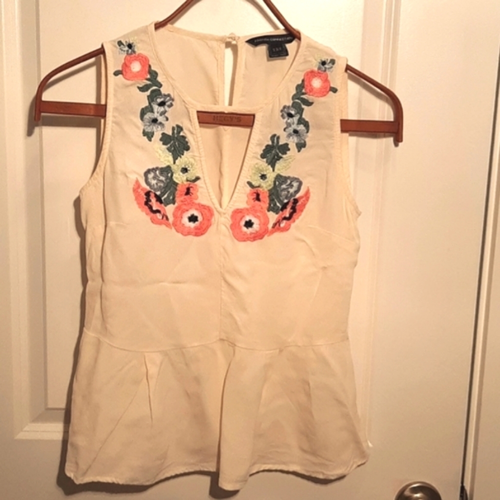French Connection Peplum Sleeveless Embroidered Blouse, SZ 4